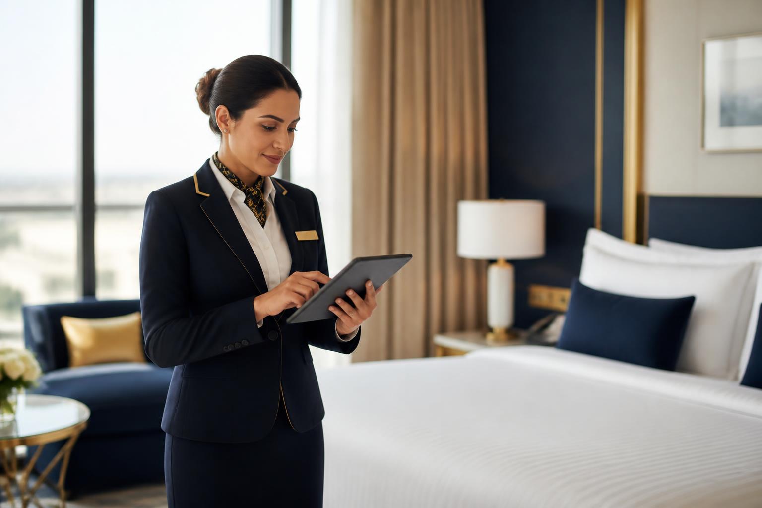 Hotel supervisor inspecting a room with a tablet
